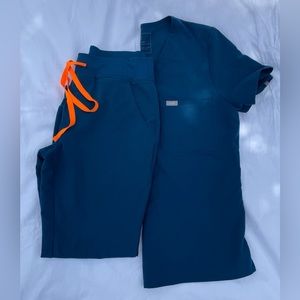 Figs Teal Scrub Set with Neon Orange Drawstrings